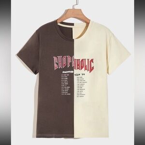 SHEIN Brown and Cream Short Sleeve Tee with Shopaholic Graphic